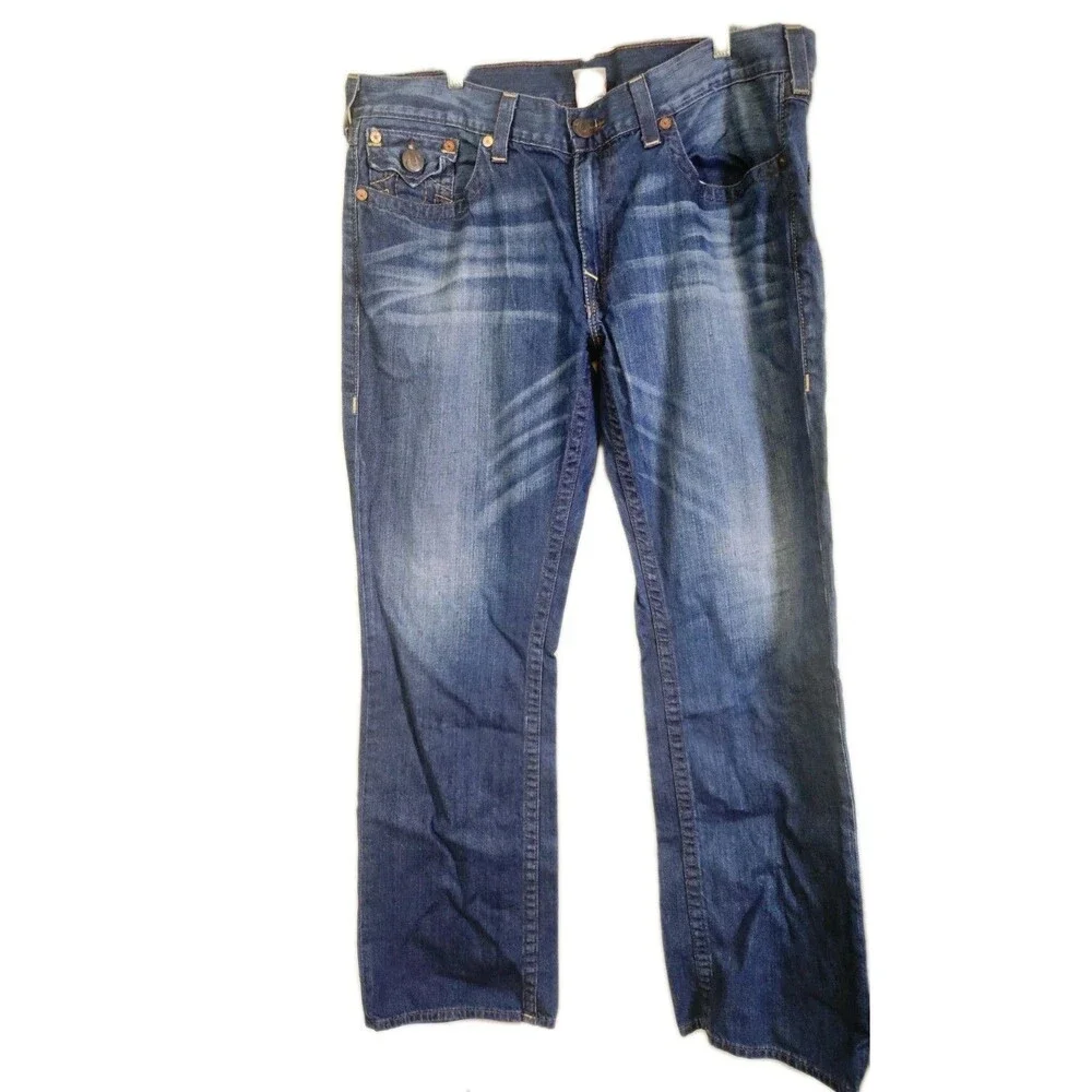 True Religion Jeans Blue Made in USA Size 40 Heavy Brown Stitching Y2K